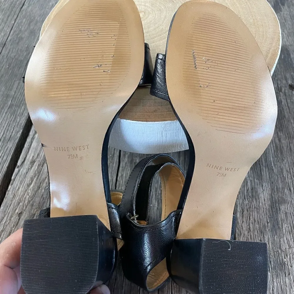 Nine West Chunky Heeled Leather Sandals Size 7.5M EUC
